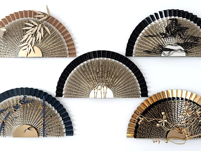 Fan Shaped Wall Decor with Gold Black Brown Bamboo Leaf Bird Patterns 3d model