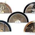 Fan Shaped Wall Decor with Gold Black Brown Bamboo Leaf Bird Patterns