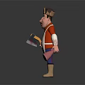 Animated Game Movie Character in Red Shirt Blue Apron with Bloodstains Holding Palette and Ham