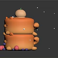 Cute Bear Shaped Orange Stacked Cake With Peach Top And Colorful Fruits Around Star Decorations 3d model