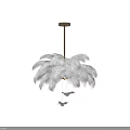 Elegant White Ostrich Feather Chandelier Hanging From Gold Metal Rod With Warm Light