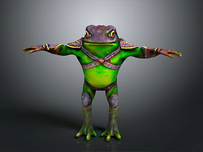3D Frog Character With Green Body Armored Design Yellow Eyes And Outstretched Limbs 3d model