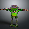 3D Frog Character With Green Body Armored Design Yellow Eyes And Outstretched Limbs