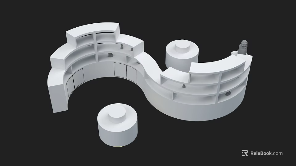 Modern White Exhibition Island Design With Curved Structure Shelves And Circular Bases 3d model 