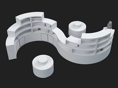 Modern White Exhibition Island Design With Curved Structure Shelves And Circular Bases 3d model