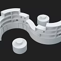 Modern White Exhibition Island Design With Curved Structure Shelves And Circular Bases