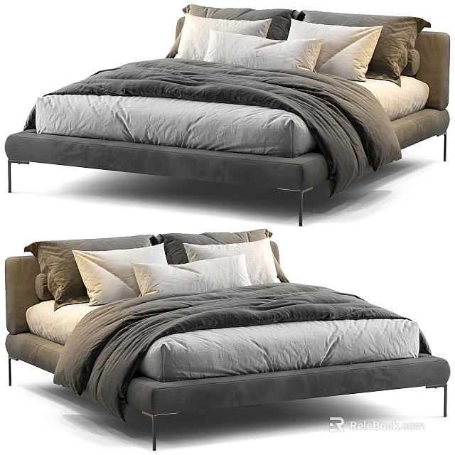 Modern Double Bed Interior With Upholstered Frame Plush Pillows And Cozy Bedding 3d model