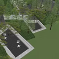 Modern Park Landscape With Green Trees White Walls And Paved Seating Area