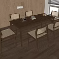 Wooden Dining Table Set With Six Beige Cushioned Chairs And Decorative Items In Bright Room