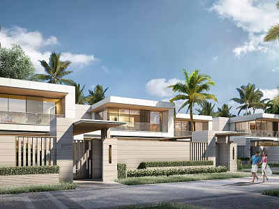 Modern Townhouse Exterior Design With Palm Trees Courtyard Blue Sky And Walking Path 3d model