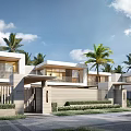 Modern Townhouse Exterior Design With Palm Trees Courtyard Blue Sky And Walking Path