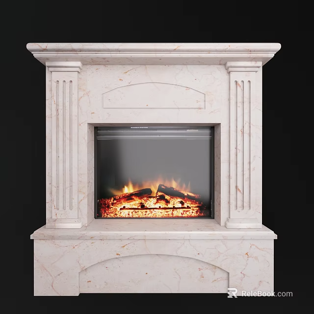 Elegant Modern Marble Fireplace With Carved Design And Burning Wood Logs 3d model 
