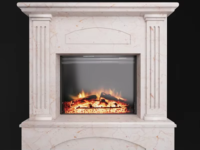 Elegant Modern Marble Fireplace With Carved Design And Burning Wood Logs 3d model