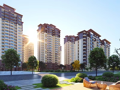 Modern High Rise Residential Buildings with Sunlight Green Trees Lawns Paths and Benches 3d model