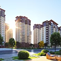 Modern High Rise Residential Buildings with Sunlight Green Trees Lawns Paths and Benches
