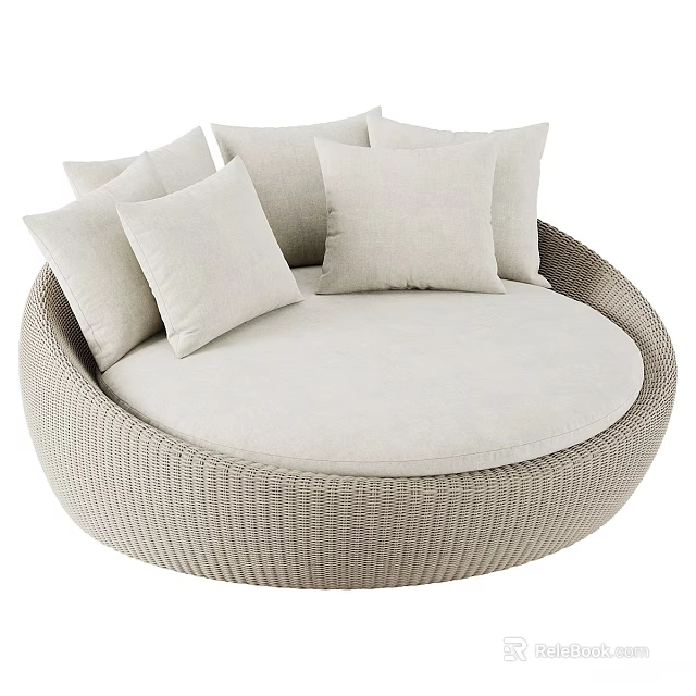 Round Woven Beige Outdoor Sofa With Multiple Comfortable Cushions For Patio 3d model 