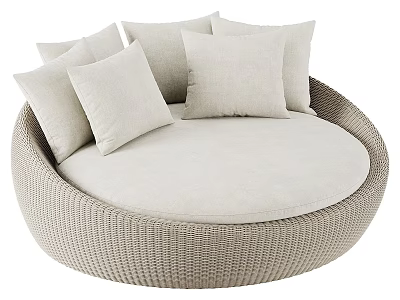 Round Woven Beige Outdoor Sofa With Multiple Comfortable Cushions For Patio 3d model