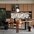 Modern Middle Ancient Restaurant Dining Table and Chair Open Cabinet Refrigerator Potted Plant 3d model