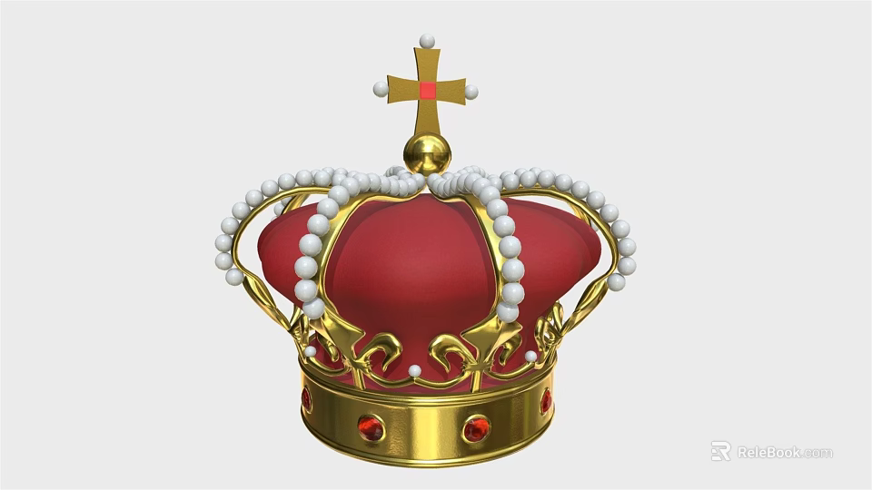 Elegant Red Crown Jewelry With Golden Accents Pearls And Cross Decoration 3d model 