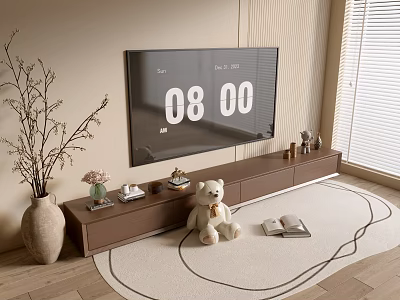 Modern TV Stand with Teddy Bear Books and Vase in Living Room 3d model