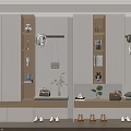 Modern Entryway Shoe Cabinet With Open Shelves Hanging Hooks Bench And Decorative Plants