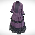Purple High Neck Gray Patterned Dress With Black Ruffled Three Quarter Sleeves And Layered Skirt