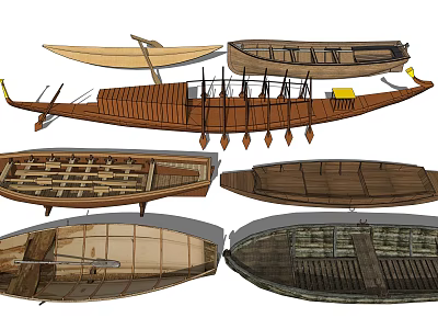Various Traditional Wooden Boat Designs With Classic Structure And Rowing Paddles 3d model