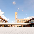 Red Brick Modern School Buildings With Classroom Structures Open Plaza Blue Sky And White Clouds