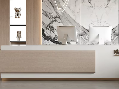 Modern Reception Desk Interior With Marble Background Wall Computer Monitors And Decorative Items 3d model
