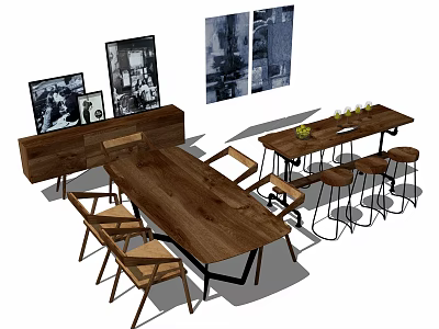 Wooden Bar Counter With Stools Dining Table And Decorative Wall Paintings 3d model