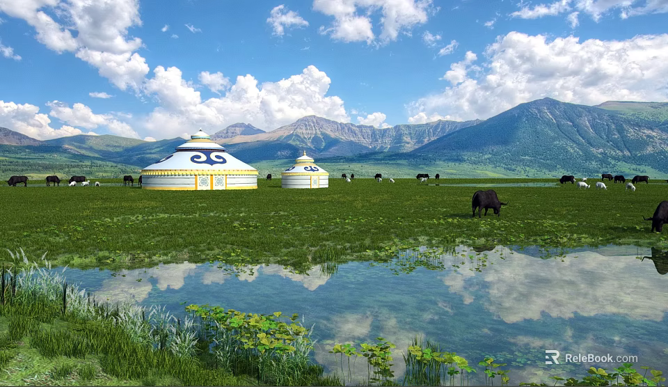 Beautiful Vast Grassland Landscape With Yurts Grazing Livestock Clear Lake Distant Mountains Under Blue Sky 3d model 