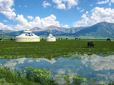 Beautiful Vast Grassland Landscape With Yurts Grazing Livestock Clear Lake Distant Mountains Under Blue Sky 3d model