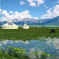 Beautiful Vast Grassland Landscape With Yurts Grazing Livestock Clear Lake Distant Mountains Under Blue Sky