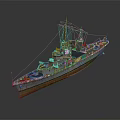 3D Model of Historical Warship With Gray And Orange Hull Superstructure And Masts
