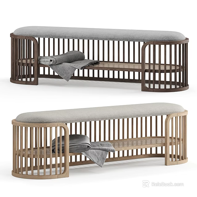 Stylish Wooden Sofa Bench With Gray Padded Seat Slatted Frame And Folded Blanket 3d model 