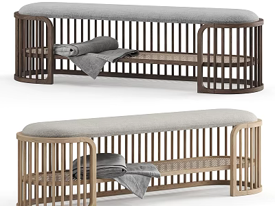 Stylish Wooden Sofa Bench With Gray Padded Seat Slatted Frame And Folded Blanket 3d model