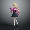 Blonde Twin Tailed Girl In Pink Sweater With Black Skirt And Little White Rabbit Companion