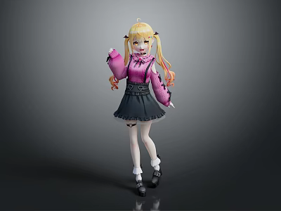 Blonde Twin Tailed Girl In Pink Sweater With Black Skirt And Little White Rabbit Companion 3d model