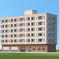 Multi Story Residential Building With Gray Roof Beige Walls Green Lawn And Road