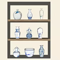 Traditional Ceramic Vessels With Blue White Patterns Displayed On Wooden Shelves For Home Decor