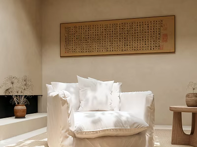 White Single-seat Sofa With White Cushions And Calligraphy Artwork On Light Background Wall 3d model