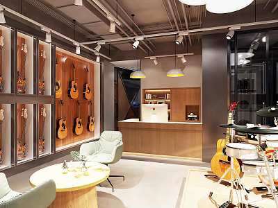 Modern Musical Instruments And Art Supplies Store Interior With Display Shelves Guitars Easels And Chairs 3d model