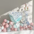 Blue And White Flower Bouquet With Light Blue Wrapping White Lace Pink Roses And Balloons