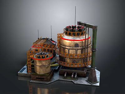 Cartoon Industrial Scene Featuring Large Metal Tanks Orange Platforms Crane Structure And Dark Base 3d model