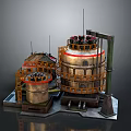 Cartoon Industrial Scene Featuring Large Metal Tanks Orange Platforms Crane Structure And Dark Base