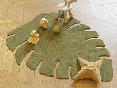 Leaf Shaped Green Rug on Wooden Floor with Wooden Toys White Chair and Star Pillow 3d model