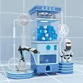 Vending Machine With Blue Cups And Robot Against Blue Tiled Wall Background 3d model