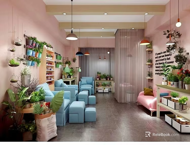 Cozy Shopping Mall Store With Pink Walls Green Plants Blue Sofas And Hanging Lights 3d model 