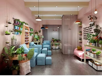 Cozy Shopping Mall Store With Pink Walls Green Plants Blue Sofas And Hanging Lights 3d model