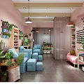 Cozy Shopping Mall Store With Pink Walls Green Plants Blue Sofas And Hanging Lights
